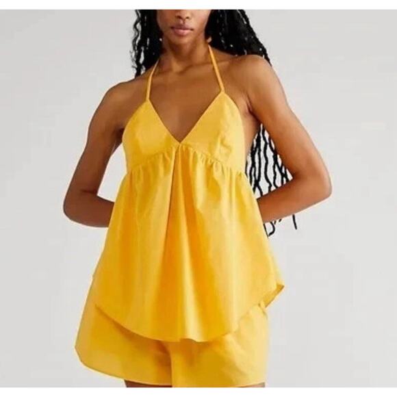 Free People Got Your Back Yellow Halter Summer Flowy Top and Shorts Size XL - Picture 1 of 11
